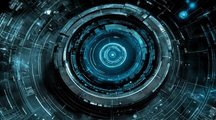 Poster - A futuristic circular mechanism with intricate details and glowing blue lights evokes a sense of advanced technology and power.
