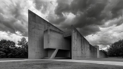 Poster - Modern concrete architecture with dramatic clouds in black and white