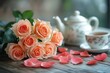 © zakiroff - Elegant bouquet of peach roses displayed elegantly on wooden table with teapot and teacup in background, floral beauty concept