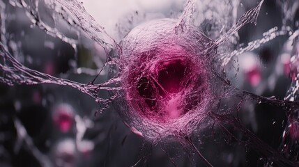 Poster - A mesmerizing close-up of a vibrant pink orb encased in a delicate web of interconnected strands.  The background features a soft bokeh effect with hints of pink.