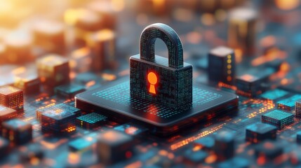 Poster - A digital padlock sits on a circuit board glowing with data streams symbolizing cybersecurity and data protection in the digital age.