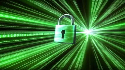Poster - A silver padlock hovers against a backdrop of rapidly moving green binary code streams converging towards a bright central point. This image symbolizes data security and encryption.