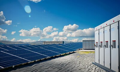 Solar panels and facility under clear blue sky