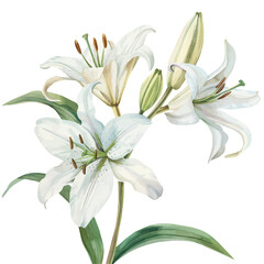 Wall Mural - A watercolor vector of white lilies blooming in spring, isolated on a white background. White lilies blooming in spring vector.
