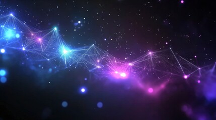 Poster - A dynamic abstract background showcases a network of interconnected lines and glowing nodes in vibrant blue and purple hues creating a sense of technological advancement.