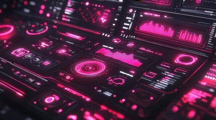 Poster - A futuristic control panel glows with vibrant pink neon lights. Complex data visualizations and interactive buttons hint at advanced technological capabilities.