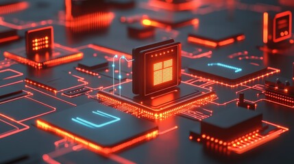 Poster - A futuristic microchip glows red on a dark circuit board with glowing orange and blue lines. The chip appears to be processing data with a futuristic design.