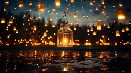 Wall Mural - Floating lanterns illuminate night sky.