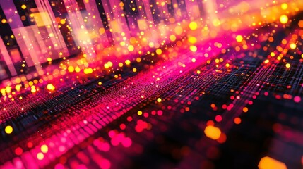 Poster - Pink and orange bokeh lights blur over a vibrant futuristic digital grid. Light streaks and particles float across a colorful tech background.