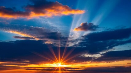 Wall Mural - dramatic sunset with colorful clouds and rays of light illuminating evening sky, creating breathtaki