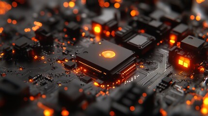 Poster - Close-up of a futuristic circuit board with glowing orange components. The intricate details and dark background create a high-tech atmosphere.