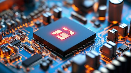 Poster - Close-up of a computer chip glowing red with the letters Li on a circuit board with other electronic components and orange traces.