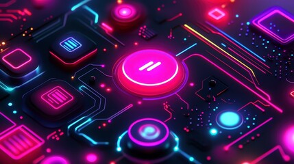 Poster - A futuristic neon-lit circuit board with glowing buttons and symbols. Pink, blue, and purple lights illuminate the intricate design, suggesting a high-tech interface or control panel.