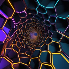 Poster - Geometric Abstract Tunnel with Colorful Lights in 3D Perspective