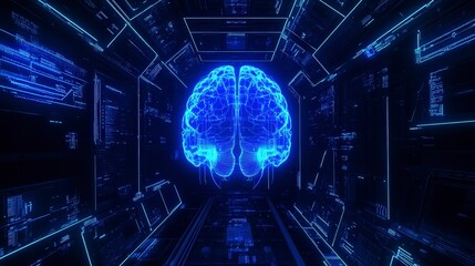 Poster - A glowing blue digital brain floats in a dark cyberspace tunnel. Screens on the walls display data streams and code. The image evokes artificial intelligence and deep learning.