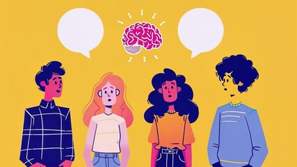 Poster - Four young adults are discussing about a glowing brain, symbolizing a conversation about the potential of neurotechnology for cognitive enhancement