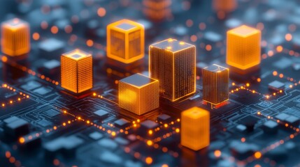 Poster - Abstract 3D rendering of a futuristic cityscape built on a circuit board. Orange glowing cubes represent buildings on a dark technological grid.
