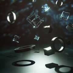 Poster - Floating Geometric Shapes in Abstract Light with Shimmering Effects