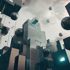 Poster - Futuristic Abstract Cityscape with Geometric Shapes and Floating Spheres