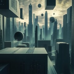 Poster - Futuristic Cityscape with Geometric Shapes and Shifting Shadows