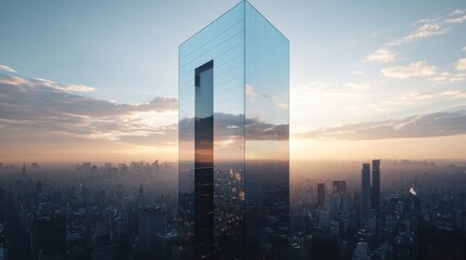 Poster - Modern Skyscraper Architecture with Reflection and Sunset Background