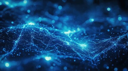 Fototapete - Abstract Blue Network Background with Glowing Particles and Lines