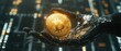 © Rifena - Robot hand holding golden bitcoin coin on background with binary code Cryptocurrency concept