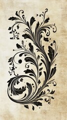 Wall Mural - Elegant Black Floral Design on Antique Parchment