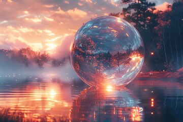 Wall Mural - Glass sphere reflecting sunset over tranquil lake.