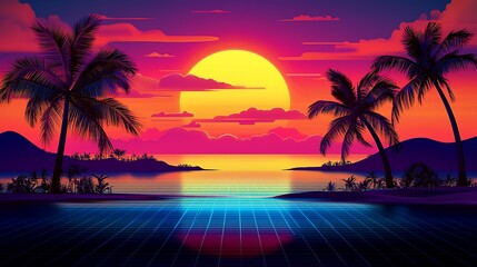 Poster - Vibrant sunset over tropical beach with retro grid reflection.