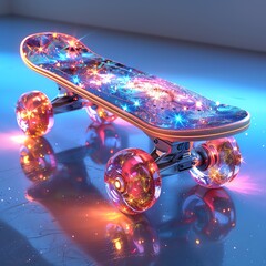 Wall Mural - Glowing cosmic skateboard on reflective surface.
