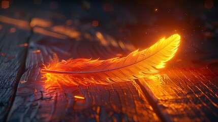 Wall Mural - Glowing orange feather on dark wood. (1)
