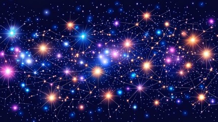 Poster - A vibrant network of interconnected glowing stars and constellations against a deep blue cosmic backdrop. Light trails link celestial bodies, creating a mesmerizing interstellar web.