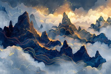 Wall Mural - Golden lines on dark blue misty mountains.