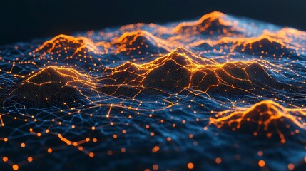 Poster - Abstract glowing orange lines and dots form a digital landscape. Futuristic network connections or data flow visualization concept.