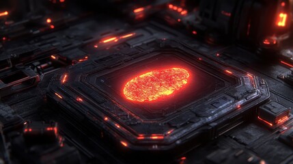 Poster - A glowing red fingerprint is displayed on a dark, metallic surface, suggesting advanced technology and security measures.