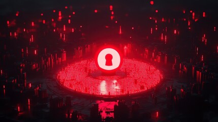 Poster - A glowing red keyhole hovers above a circular platform in a dark cityscape. Red lights emanate from the structures creating an atmosphere of mystery and intrigue.