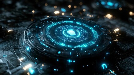 Poster - A dark circular device with glowing cyan rings emanates a futuristic aura. A lightbulb icon in the center suggests a concept of technological innovation or artificial intelligence.
