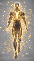 Poster - Futuristic Golden Figure Walking Through Networked Light