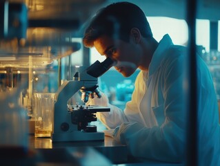 Poster - Young Male Scientist Examining Sample Under Microscope in Laboratory