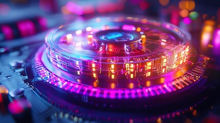 Poster - Futuristic glowing circular tech device.