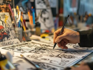 Poster - Creative Hand Drawing Sketches with Ink Pen on Paper Background
