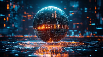 Aufkleber - Futuristic glowing sphere with circuit board design, on a digital platform.