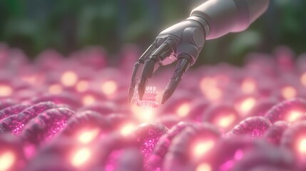 Poster - A robotic hand reaches for a glowing object amidst a vibrant, textured landscape of pink, luminescent forms.