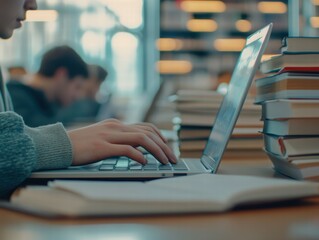 Poster - Person Typing on Laptop Surrounded by Stacks of Books in Library