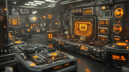 Poster - A futuristic spaceship interior with glowing orange panels and intricate details. The scene depicts a control room or laboratory environment with advanced technology.