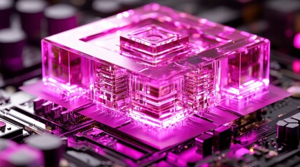 Poster - A transparent pink crystalline cube-shaped object emits a vibrant glow. It rests atop a complex technological surface, possibly a circuit board, hinting at advanced technology.