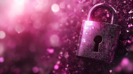 Poster - A pink metallic padlock shimmers against a backdrop of sparkling bokeh and fragmented shapes. It symbolizes security, privacy, and data protection in a vibrant, digital realm.