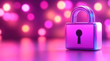 Poster - A vibrant pink and purple padlock icon glows against a softly blurred neon backdrop symbolizing security and data protection in a digital world.