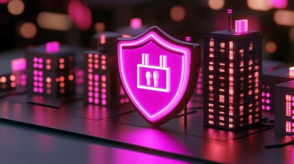 Poster - A vibrant neon pink shield with a lock icon hovers over a miniature cityscape at night symbolizing urban security and data protection in a smart city.